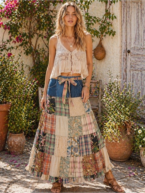 Dresses & Skirts - Boho Patchwork Maxi Skirt - Beige Multicolor